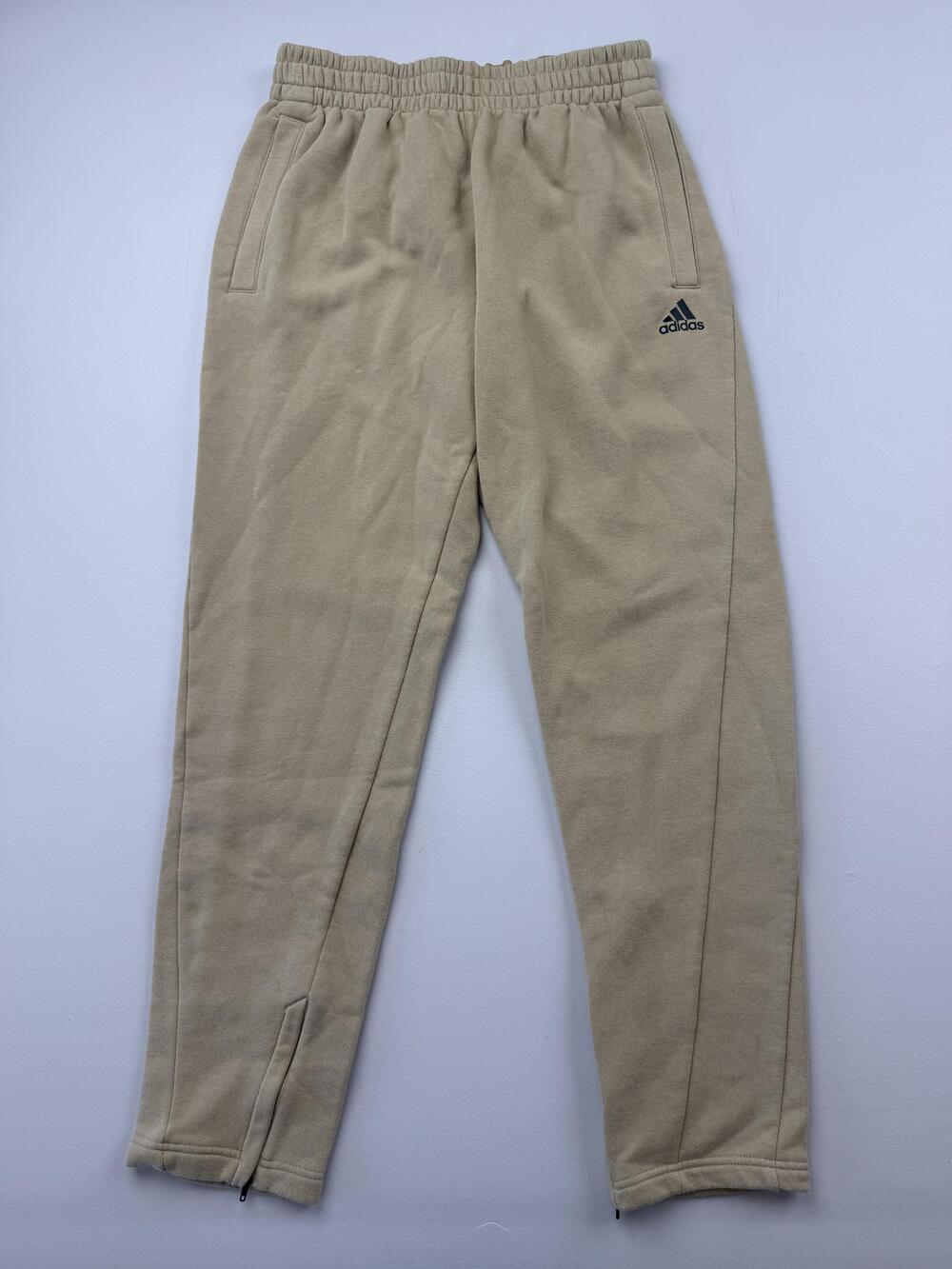 Adidas Pants Mens Medium Beige Fleece Sweatpants Elastic Waist Zip Ankles